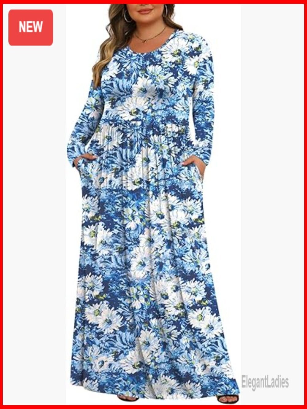 Womens Plus Size Maxi Dress Long Sleeve with Pockets Casual 1X-5X
